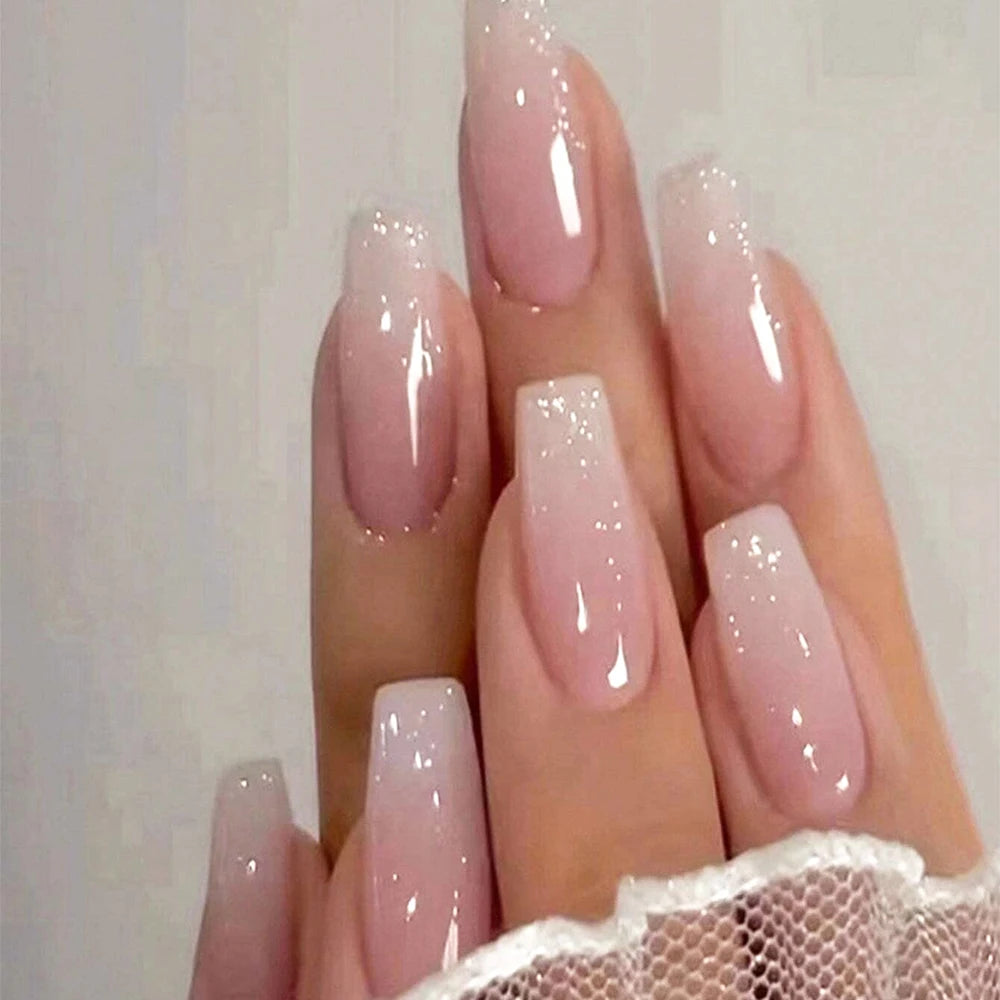 24 Pcs Glossy Short Ballerina Press On Nails Pink Gradient Fake Nails Artificial Finger Manicure False Nails For Women