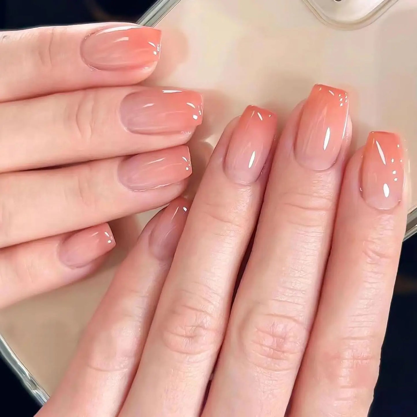 24 Pcs Glossy Short Ballerina Press On Nails Pink Gradient Fake Nails Artificial Finger Manicure False Nails For Women