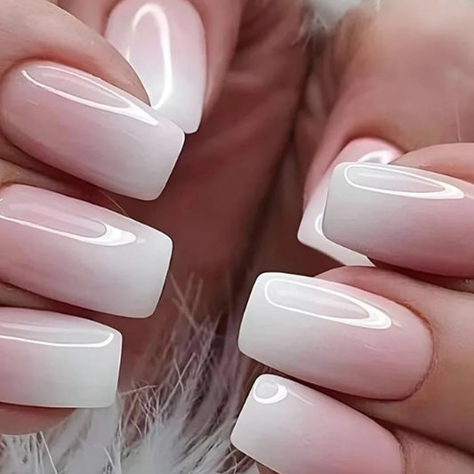 24 Pcs Glossy Short Ballerina Press On Nails Pink Gradient Fake Nails Artificial Finger Manicure False Nails For Women